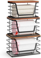 ALOCEO 3 Pack Stackable Storage Bins with Lids, Stainless Steel Trash Bag Dispenser Roll Holder for for Kitchen Sink, Laundry, Pantry Organizer and Storage, Walnut Black by ALOCEOWallHooksAdhesive