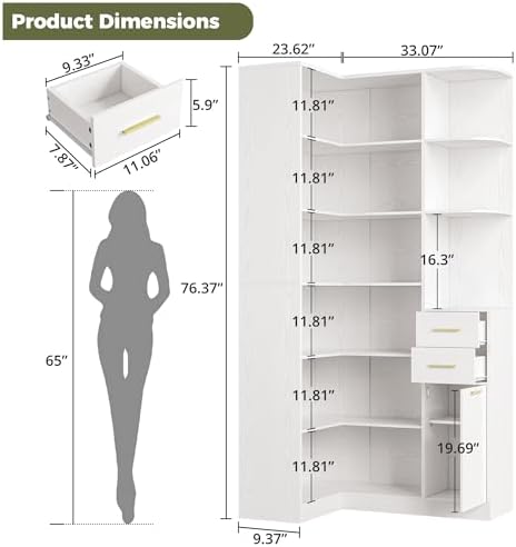 IRONCK Corner Bookshelf, 76" L-Shaped Bookcase with 10 Shelves & 2 Drawers - Image 2