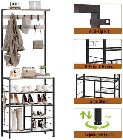 GiftGo Vintage Large 5-Tier Hall Tree with Console Table Entryway Coat Rack Floor Standing Shoes Rack Storage Shelf Organizer for Home Office Bedroom (Greige) - Image 7