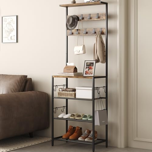 HOMEFORT Coat Rack with Shoe Storage, 5-Tier Shoe and Coat Rack with 9 Clothes Hooks, Freestanding Hall Tree Organizer for Entryway, Bedroom, Rustic Brown - Image 3