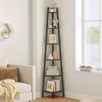 Hoctieon Corner Shelf, 6-Tier Corner Bookshelf, Rustic Ladder Shelf, Industrial Display Stand for Living Room, Kitchen, Home Office, Balcony, Small Space, Metal Frame, Black by Hoctieon