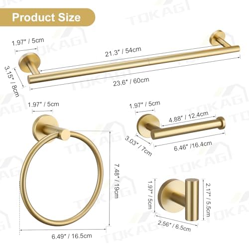 TQKAG Brushed Gold Bathroom Hardware Set 6-Piece Bathroom Accessory Set 23.6 Inch Round Stainless Steel Towel Bar Set Wall Mounted - Image 6