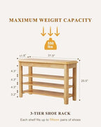 IUNVR Shoe Rack Bench Seat Rubberwood 3-Tier Wooden Storage Bench 550lbs Compact Mid-Century Modern Design for Entryway, Hallway, Closet, Front Door Entrance, Foyer - Image 2