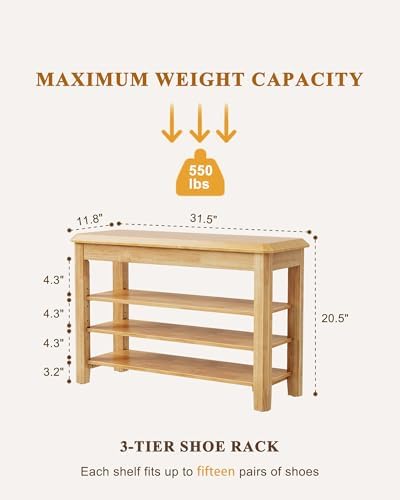 IUNVR Shoe Rack Bench Seat Rubberwood 3-Tier Wooden Storage Bench 550lbs Compact Mid-Century Modern Design for Entryway, Hallway, Closet, Front Door Entrance, Foyer - Image 2