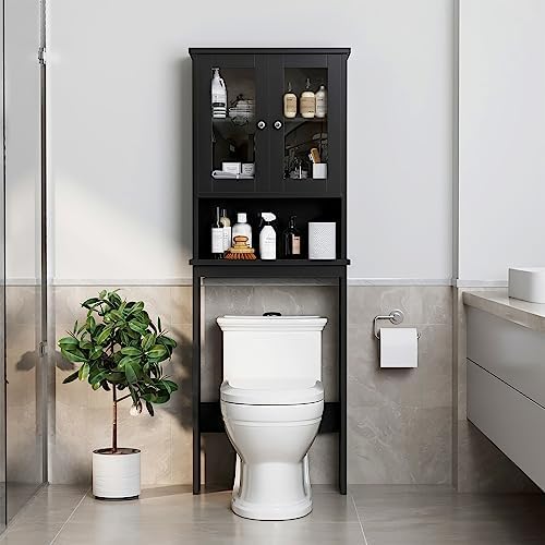 Over The Toilet Storage Cabinet for Bathroom, Storage Organizer Over Toilet with Glass Doors, Space Saver for Living Room, Black - Image 3