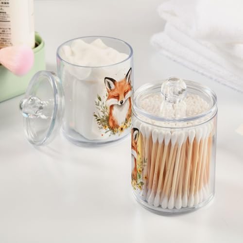 Fustylead 4 Pack Watercolor Cute Fox with Flower Design Plastic Apothecary Jar Set for Cotton Swab, Ball, Pad, Floss, Qtip Holder Dispensers for Bathroom Storage Organizer - Image 4