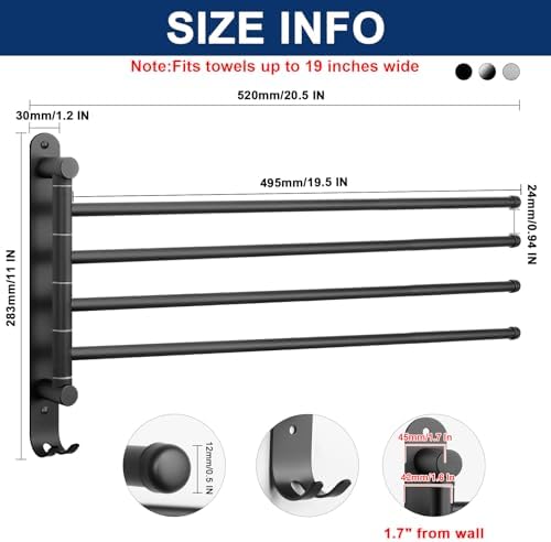 NearMoon Swivel Towel Rack, 19.5" Thicken 304 Stainless Steel 4-Arm Towel Bar, Space Saving Wall Mounted Towel Holder with Hook, Rustproof Swing Out Towel Hanger for Bathroom, Kitchen (Matte Black) - Image 2