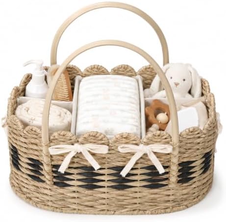 Large Diaper Caddy Organizer, Handwoven Natural Seagrass Basket with 5 Compartments, Scalloped Wicker Changing Table Organizer (Natural, XXL) by Klippehop