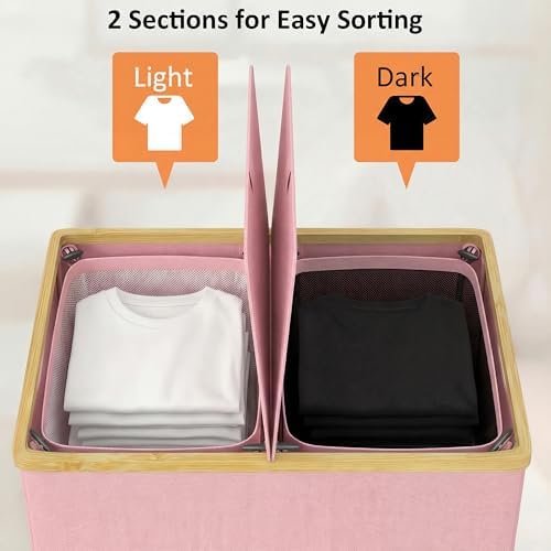 efluky Double Laundry Hamper with Lid and 2 Removable Bags, Pink - Image 6