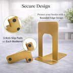 Alessk Dark Matte Gold Bookends for Shelves, Heavy Duty Metal Bookends Supports Heavy Books, Decorative Gold Stops for Home or Office Decoration - 3 Pairs (6 Pieces). - Image 2