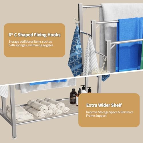 HavenlyYouth Free Standing Towel Rack for Bathroom, 3 Tier Blanket Drying Holder for Outside, Pool Towel Rack with Metal Shelf for Display and Storage, 35.8" H x 31.5" L x 11.8" W, Satin Nickel - Image 7
