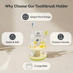 Floral Ceramic Toothbrush Holder, 3-Slot Toothbrush and Toothpaste Holder Cute Toothbrush Holder Set, Cute Countertop Holder for Electric Toothbrush, Toothpaste, Floss, and Razor (Yellow) - Image 3