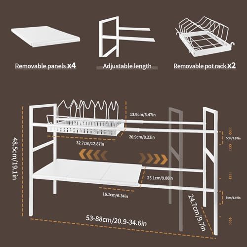 Pots and Pans Organizer Under Cabinet, Expandable Pots Organizers Inside Cabinet, Adjustable Height Under Sink Shelf 2 Tier with 10 Dividers Under Cabinet Shelf, Pot and Pan Lid Holder Rack (White) - Image 2