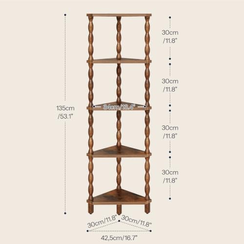 HOOBRO Corner Shelf, 5-Tier Wooden Corner Bookshelf for Small Space, Stylish Corner Storage Display Shelves for Living Room, Kitchen, Office Rustic Brown FG195CJ01 - Image 3