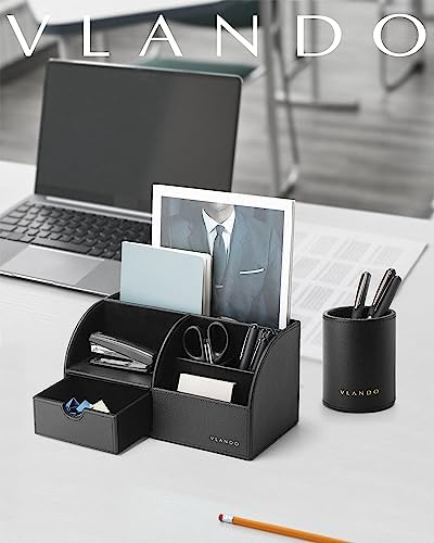 VLANDO 2 Pcs PU Leather Desk Caddy Set with Drawer,Pen Holder - Image 5