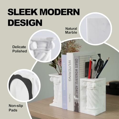 Decorative Roman Column Book Ends & Vase - Heavy Duty Marble Book Ends for Heavy Books, Vintage Home Office Decor, Dual Use as Flower Vase, Natural Stone Bookends for Shelves (2PC, White) - Image 4