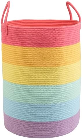 Woven Cotton Rope Laundry Basket Hamper 16" x 22" Large Rainbow by JUNBOLE