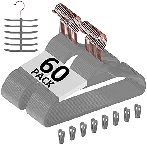 VECELO Premium Velvet Clothes Hangers Suit Heavy Duty (60 Pack)-Non Slip & Space-Saving with 8 Finger Clips & Tie Rack Excellent for Men and Women,Gray by VECELO