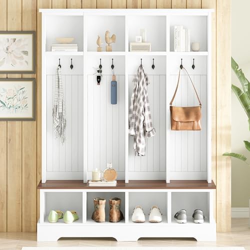 Merax Farmhouse Hall Tree with Bench and Shoe Storage, 59" Entryway Bench with Coat Rack, 8 Hooks and Top Compartments, 3-in-1 Entryway Hall Tree for Hallway, Living Room, White - Image 3