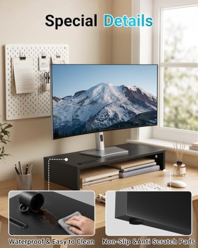 1home Ergonomic Monitor Stand Riser, 21.3 Inch Wood Desktop Stand with Cellphone Holder and Cable Management, Black - Image 4