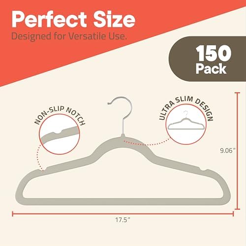Ivory Velvet Hangers 150 Pack – 360° Swivel Hook, Non-Slip and Space Saving Hangers, Heavy-Duty 11 lbs Weight Capacity - Smooth Velvet Finish for Crease-Free Clothes and Effortless Closet Organization - Image 2
