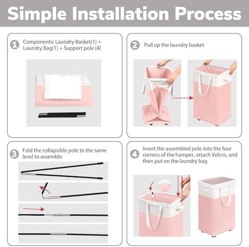 Goodpick Laundry Basket with Wheels, 75L Tall Clothes Hamper, Large Laundry Basket with Removable Wash Bag for Corner Dorm, Rolling Hamper, Pink&White - Image 2