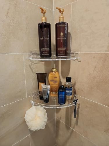 JiePai Acrylic Corner Shower Caddy Shelf with Hooks 4 Pack, Adhesive Wall Mounted Bathroom Shower Organizer for Inside Shower & Kitchen Storage, Space-Saving Design - Image 5