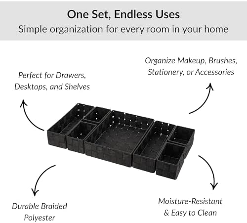 7-Piece Braided Drawer Divider Set, Organizer Bins, Makeup & Brushes, Black - Image 5