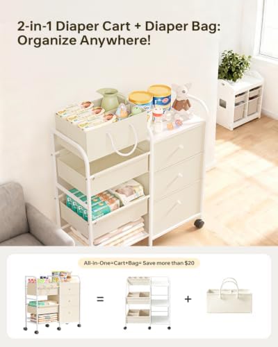 2in1 Baby Diaper Caddy Organizer and Storage Cart with Dividers and Drawers - Image 3
