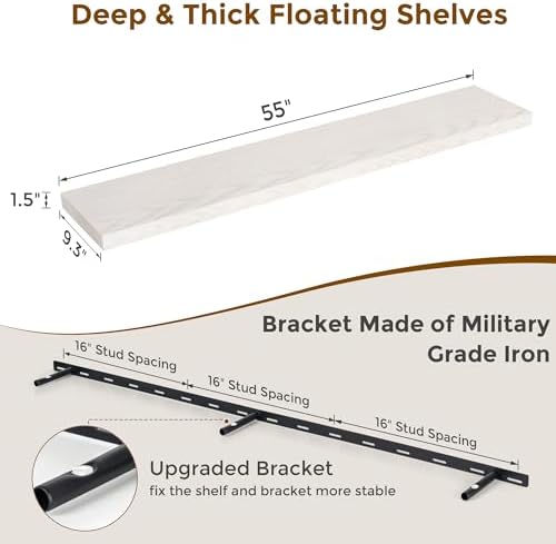 Fun Memories 55 Inch Long Floating Shelves for Wall, 55x9.3 Large Floating Shelf for Bedroom, Kitchen, Bathroom, Wall Mounted Rustic Wood Shelves with Invisible Bracket for Books, Decor, Brich - Image 3