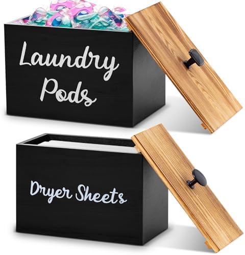 Dandat 2 Pcs Wood Rustic Laundry Dryer Sheet Holder Pod Container with Lid 8.7 x 6.3 x 6.4 Inch Laundry Pod Holder 7.3 x 3.7 x 5 Inch Dryer Sheet Dispenser Wooden Box Container(Black) by Dandat