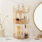 Aveniee Rotating Makeup Organizer for Vanity, Premium Solid Metal Pole Sturdy Construction, Perfume Storage for Bathroom Countertop, Clear Spinning Counter Shelf Cosmetic Holder for Dresser,Gold by Aveniee