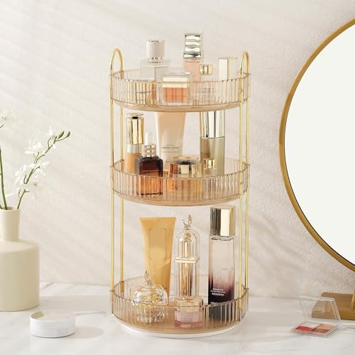Aveniee Rotating Makeup Organizer for Vanity, Premium Solid Metal Pole Sturdy Construction, Perfume Storage for Bathroom Countertop, Clear Spinning Counter Shelf Cosmetic Holder for Dresser,Gold by Aveniee