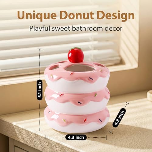 Donut Ceramic Toothbrush Holder, 5-Slot Toothbrush and Toothpaste Holder Cute Toothbrush Holder Set, Bathroom Storage Rack Suitable for Electric Toothbrushes, Toothpaste, Dental Floss (Pink) - Image 2