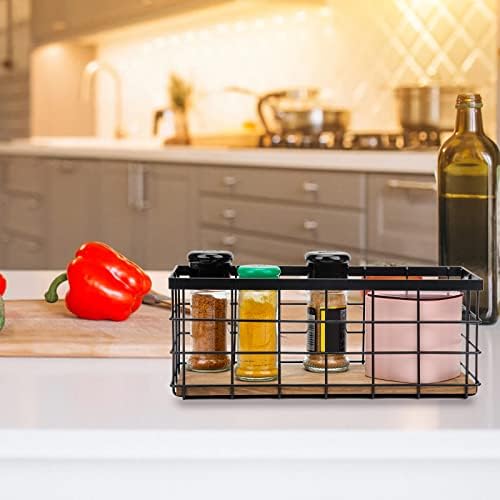 TIEYIPIN Farmhouse Small Metal Wire Storage Basket Bin, Rustic Home Storage Organizer with Wooden Bottom for Kitchen, Cabinets, Bathroom Counter, Pantry, Garage, Laundry Room - Black (2 Pack) - Image 3