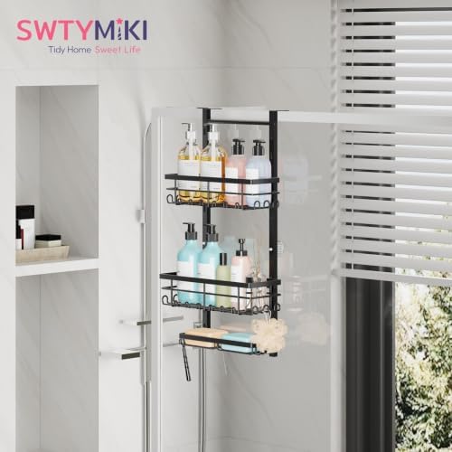 SWTYMIKI Over The Door Shower Caddy - 3 Tier Rustproof Hanging Shower Organizer with Adjustable Shelves, 28 Hooks & Soap Holder, Hanging Shower Rack Storage for Bathroom Accessories, Black - Image 6