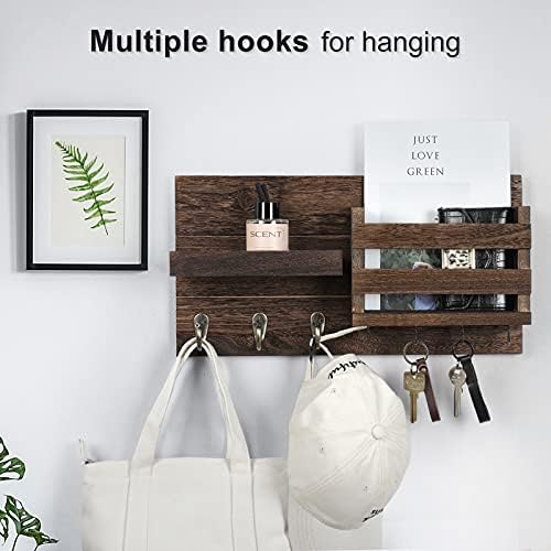 Lwenki Mail Organizer for Wall Mount – Key Holder with Shelf Includes Letter Holder and Hooks for Coats, Dog Leashes – Rustic Wood with Flush Mounting Hardware (16.5” x 8.7” x 3.5”) - Image 3