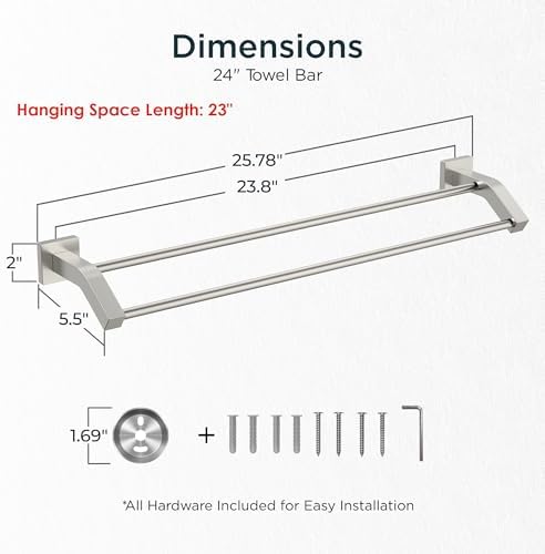 FORIOUS Double Towel Bar 24", Bathroom Towel Rack Square Brushed Nickel - Image 2