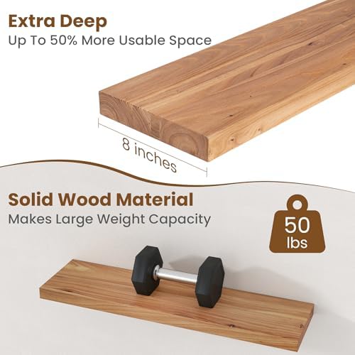 Floating Shelves for Wall Decor, 8" Deep Rustic Solid Elm Wood Floating Shelves Wall Mounted, Wall Shelves with Invisible Bracket for Living Room Bathroom Bedroom Kitchen, 30 Inch Set of 2, Natural - Image 5