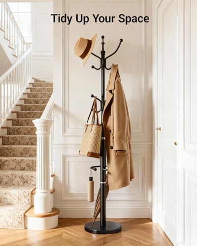 Pipishell Metal Heavy Duty Coat Rack with Sturdy Marble Base, Coat Tree with 16 Hooks & Detachable Umbrella Holder,Coat Rack Freestanding for Entryway, Corner, Bedroom and Home Office, Black - Image 2