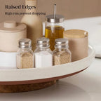Ceramic Lazy Susan Turntable Organizer, 10.3 Inch Round Rotating Tray with Acacia Wood Base, White Speckled Glazed Spice Rack for Kitchen Countertop, Dining Table,Farmhouse Decor，Khaki White - Image 3