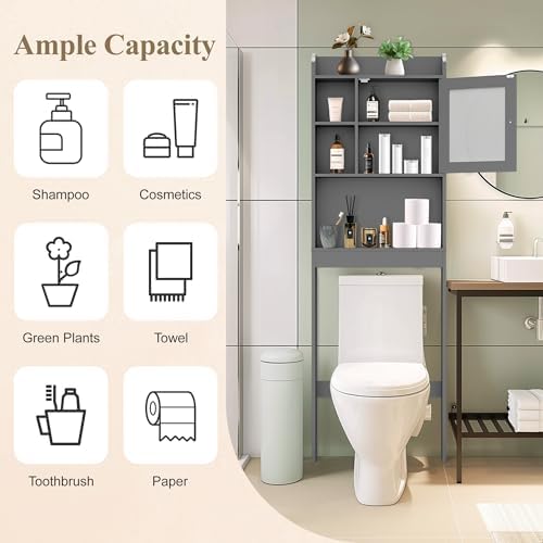 ZENY Over The Toilet Storage Cabinet, Bathroom Organizer with Adjustable Shelf and Double Doors, Freestanding Bathroom Space Saver Toilet Rack (Gray) - Image 5