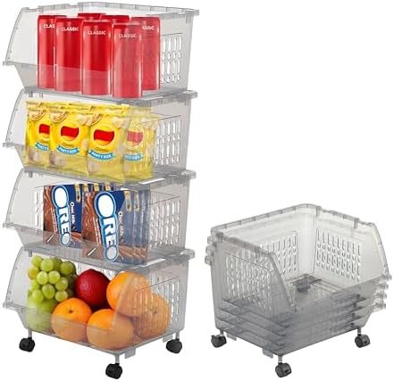 Large Stackable Storage Bins Open Front with Wheels, 4 Pack - Light Grey by Skywin