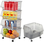 Large Stackable Storage Bins Open Front with Wheels, 4 Pack - Light Grey by Skywin