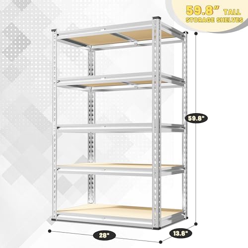 REIBII 2000LBS Storage Shelves 5 Tier Garage Shelving Heavy Duty Metal Shelving Adjustable Garage Shelves for Pantry Closet Kitchen Basement 28" W x 13.8" D x 59.8" H, Silver - Image 3
