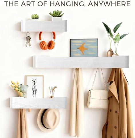 Coat Rack Wall Mount with Shelf Entryway Shelf Modern Key Holder Hanger Wall Shelves with Hidden Hooks for Hanging Towels Coats Hats Bags for Hallway Bathroom Bedroom (White, 5 Hooks) - Image 3