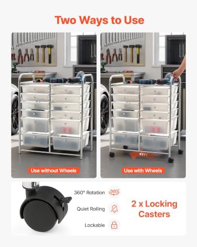 VEVOR Rolling Cart with Drawers, Double Row 12 Drawer Storage Organizer, Mobile Utility Cart with Chrome Steel Frame, Universal Casters & 2 Brakes, for Office, Classroom, Craft Room, Studio, Garage - Image 3
