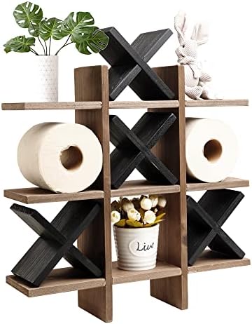 GENMOUS Handmade Tic Tac Toe Toilet Paper Holder Stand with 4pcs Wooden X, Funny Wall Mounted Toilet Papers Storage with Shelf, Farmhouse Paper Roll Storage for Guest Bathroom or Toilet Décor by GenMousCo