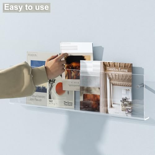Acrylic Magazine Holder, 2 Pack Hanging Bookshelf Magazine Rack, Wall Mounted Floating Brochure Display for Waiting Room, Office, Home (Clear, 24 Inch) - Image 3