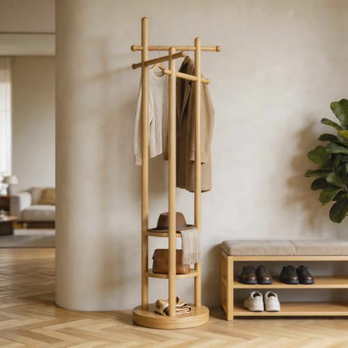 Coat Rack Freestanding, Solid Wood Coat Tree with 6 Hooks and 3 Storage Shelves for Bedroom, Entryway Living Room, Office, Corner Hanger Stand for Purse, Bag, Jacket, Hat - Image 2